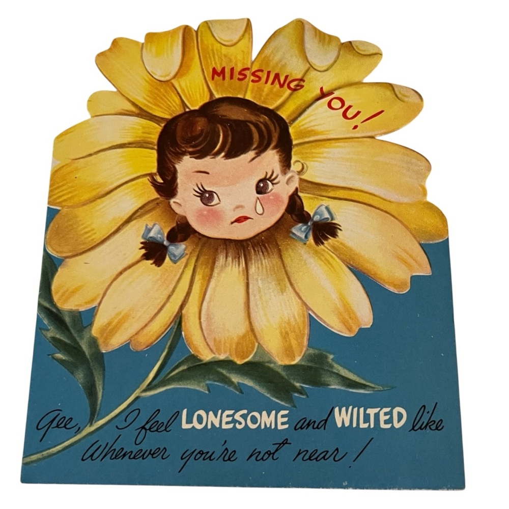 Unused Vintage Greeting Card Missing You Girl Daisy Flower 1950s